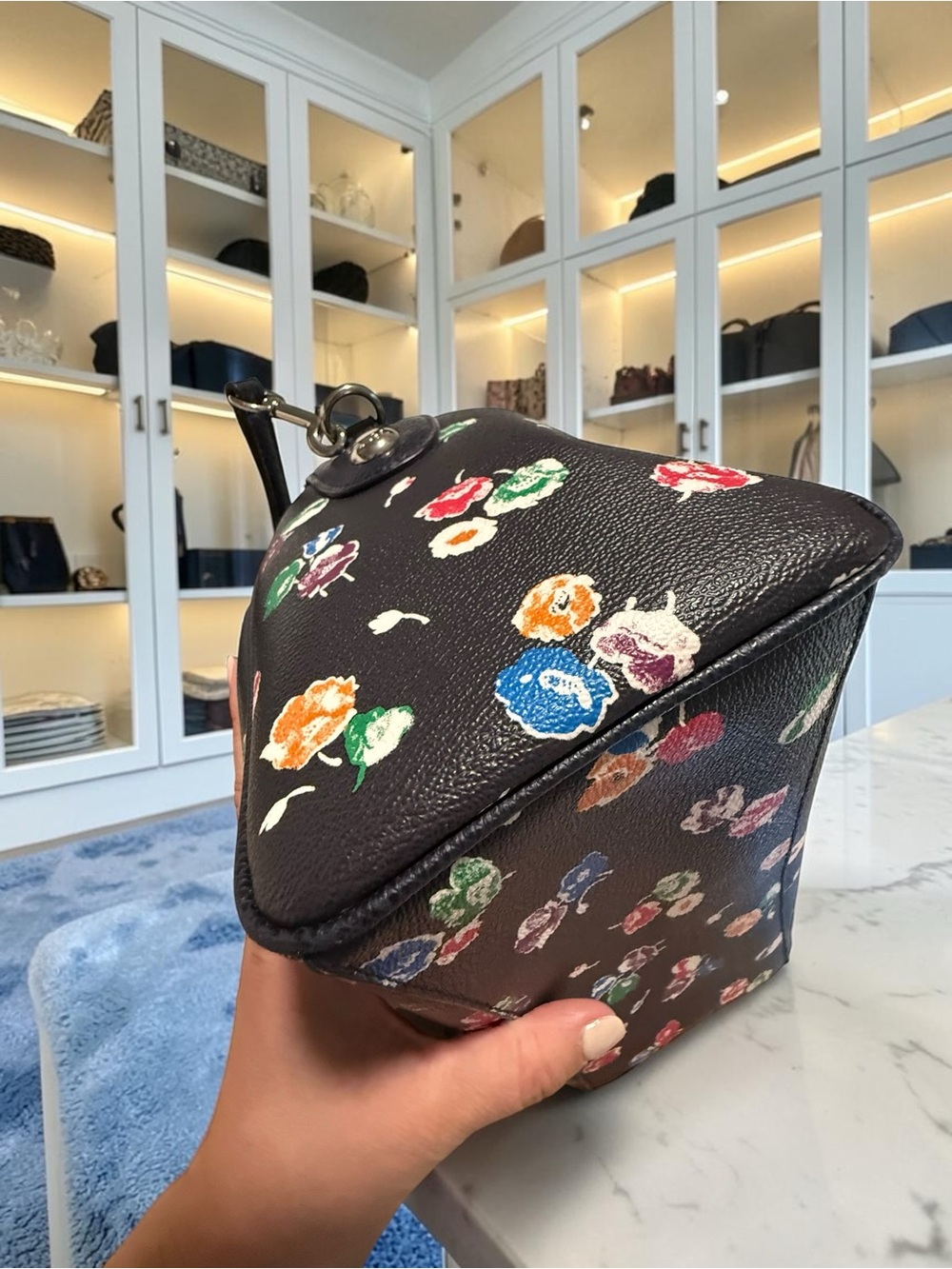 Coach Black Floral Print Leather Satchel with Multicolor Blossoms - Picture 11 of 15